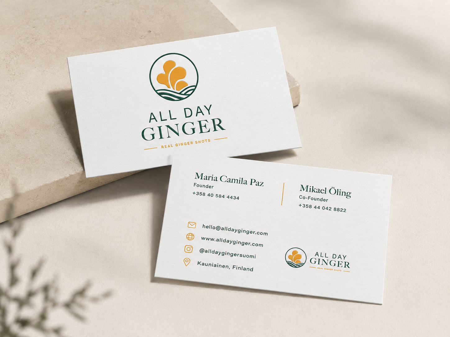 All Day Ginger — business card front and back mockup